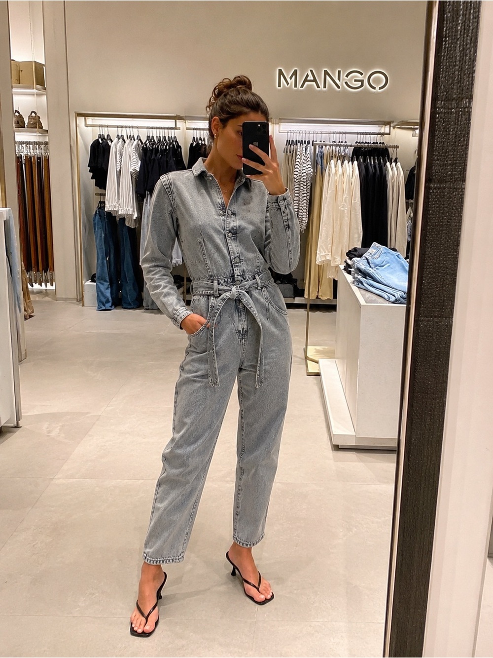 MANGO Gray Denim Utility Jumpsuit Belted Boiler Suit XS - Picture 1 of 13